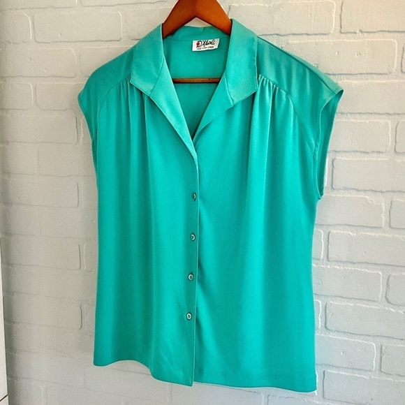 Vintage 60s Blouse Retro Elegance Mint Green Cap sleeve Pleated Pin up Sz L - Picture 1 of 4